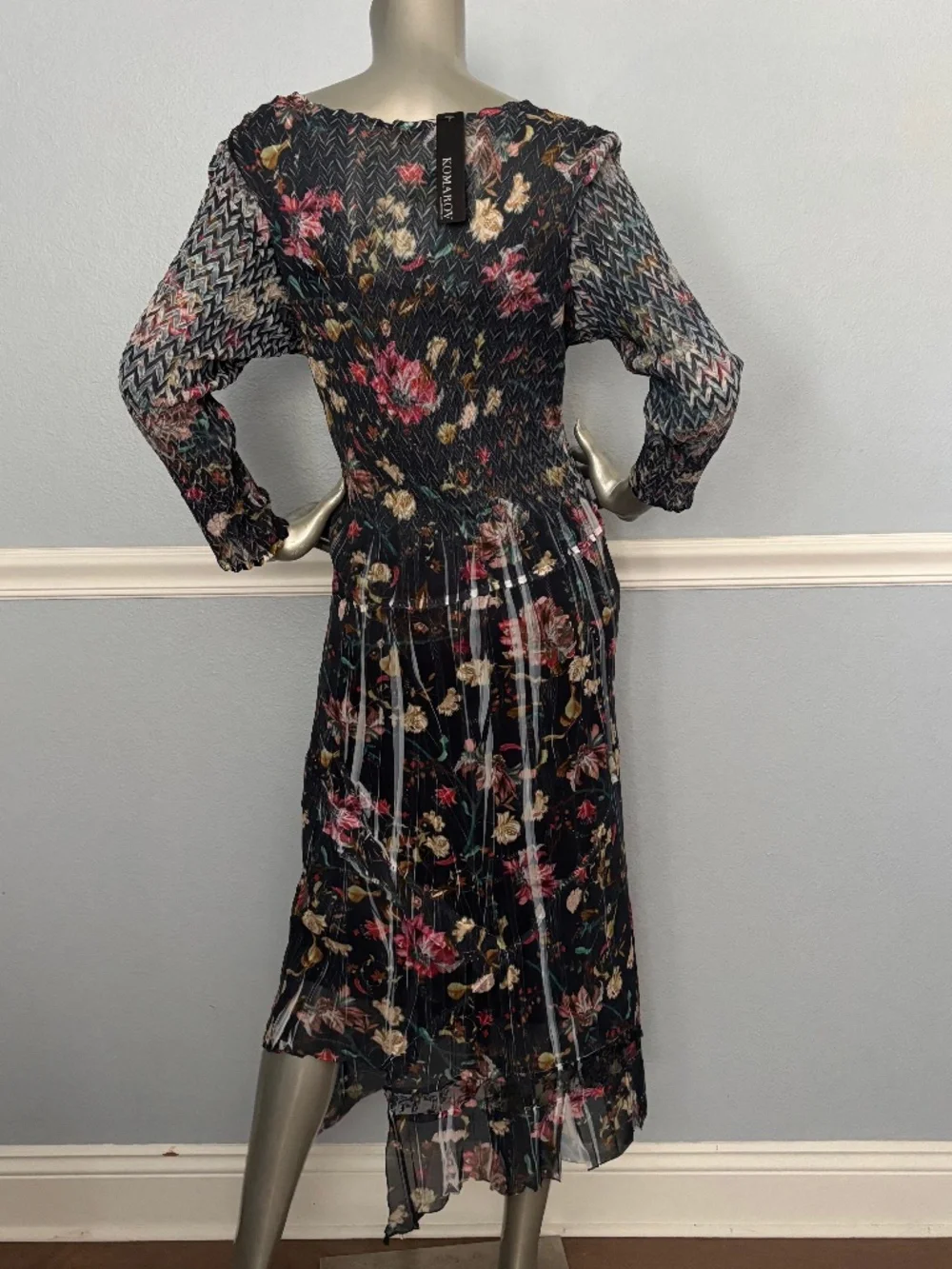 Komarov Chiffon V Neck 3/4 Sleeve Handkerchief Hem Dress Black Hybrid Nwt XL